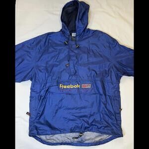 Reebok XL Windbreaker 1/4 Zip Roll-Up Hood Deep Blue 80s Style VTG‎ RARE